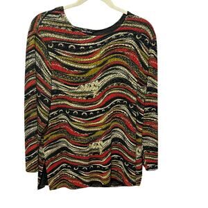 Sharon Anthony Top 2X Muted Tone‎ Abstract Stretch Metallic Wave Artsy Boho Chic